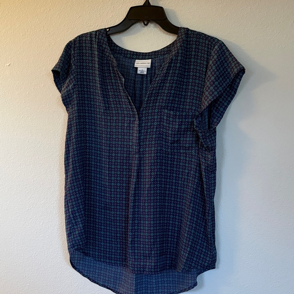 Liz Claiborne Dark Blue Geometric Blouse